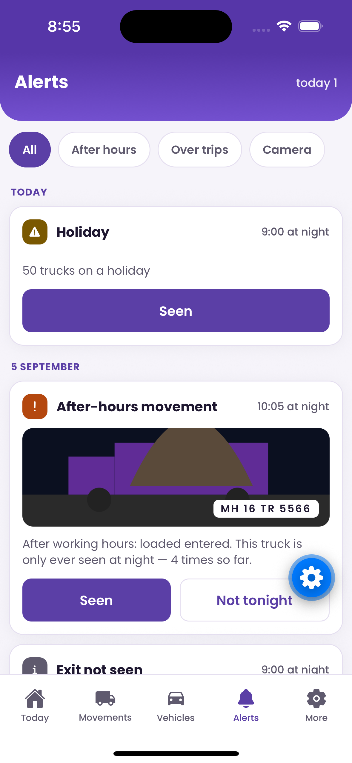 GateSetu Alerts screen with an after-hours movement alert showing a loaded truck photo, its plate, and Seen and Not tonight buttons