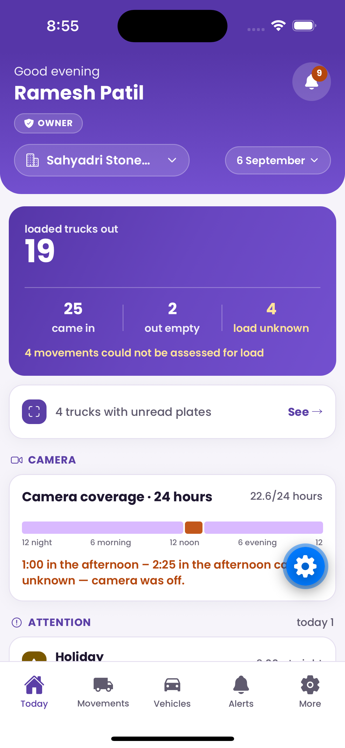 GateSetu Today screen on a phone: 19 loaded trucks out, 25 came in, 2 out empty, 4 load unknown, with a 24-hour camera coverage bar showing one gap